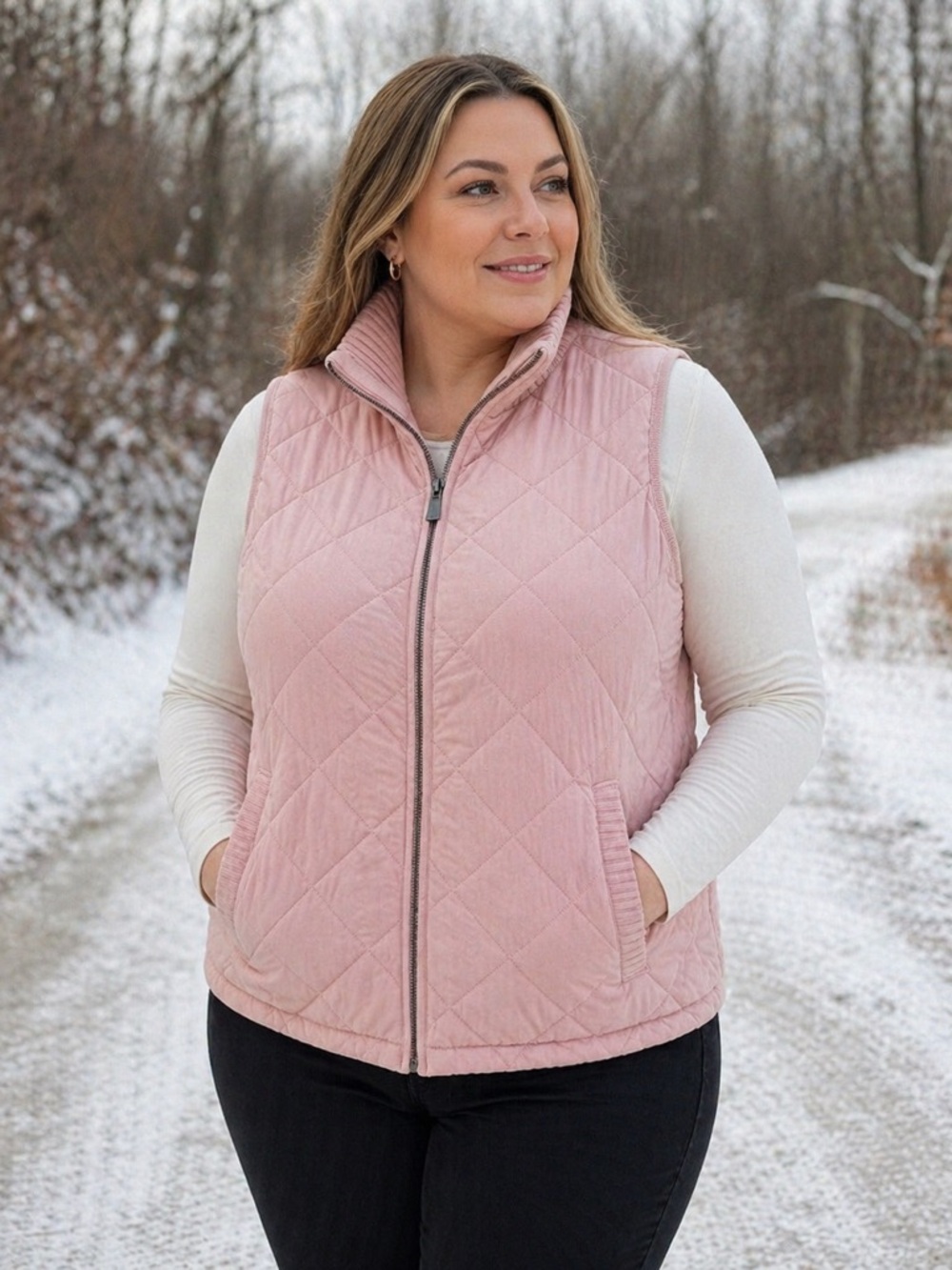 Jones New York Quilted Light Pink Zip-Front Vest